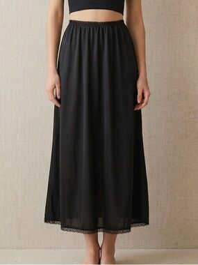 Van Raalte Vintage 70s Black Maxi Long Slip Skirt Lace Trim Size Small Petite